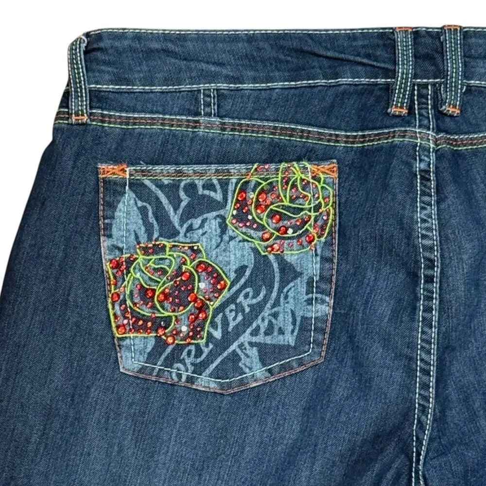 Pepe Jeans Dark Wash Jeans Womens Straight Rose Embroidered 5 Pocket Denim Sz 34